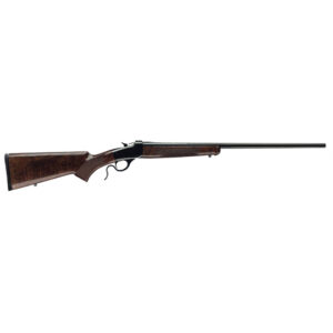 Side view of a hunting rifle on white background.