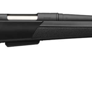 Side view of a sleek black rifle.
