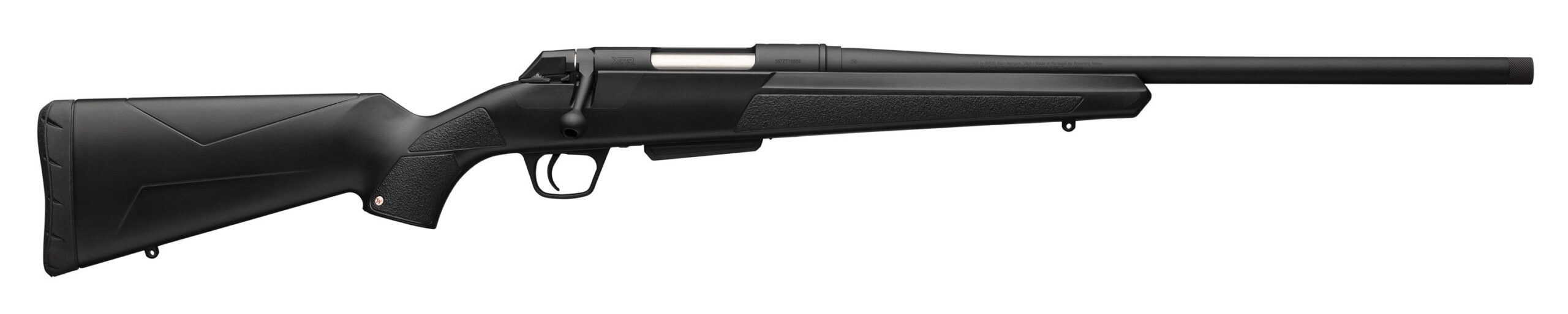 Side view of a sleek black rifle.