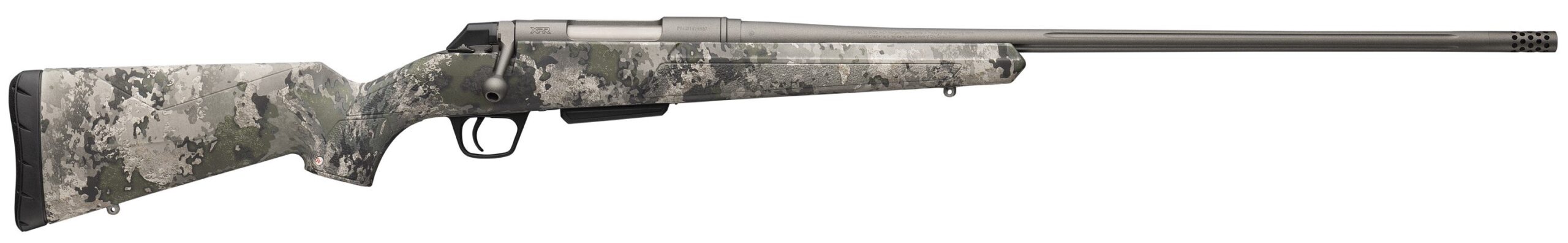 Modern rifle with camouflage pattern side view.
