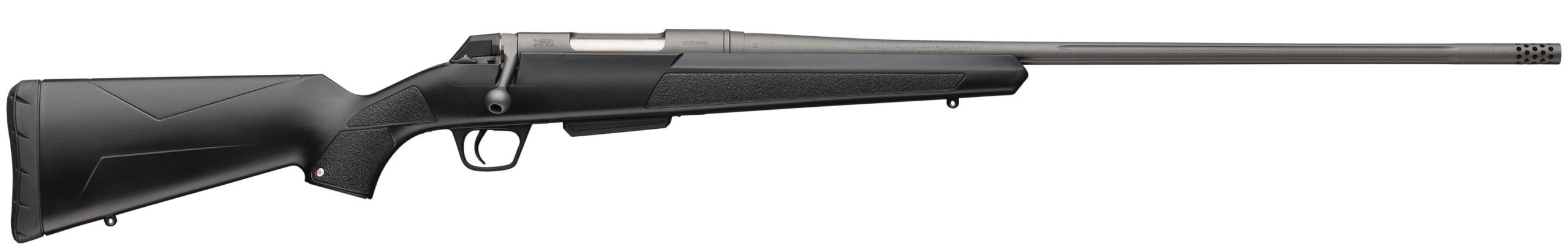 Side view of a black hunting rifle.