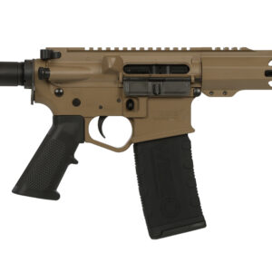 Tan semi-automatic rifle with adjustable stock.