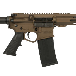 Side view of a brown tactical rifle.
