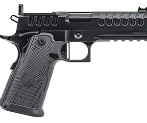 Black semi-automatic handgun on white background.
