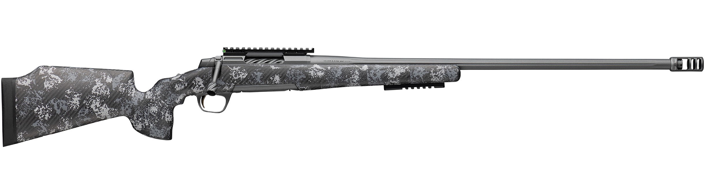 Side view of a patterned hunting rifle.