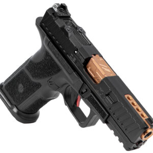 Close-up of a black handgun with copper accents.