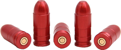 Four red bullet casings arranged in a row.