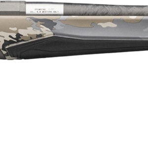 Camouflaged rifle with sleek design and features.
