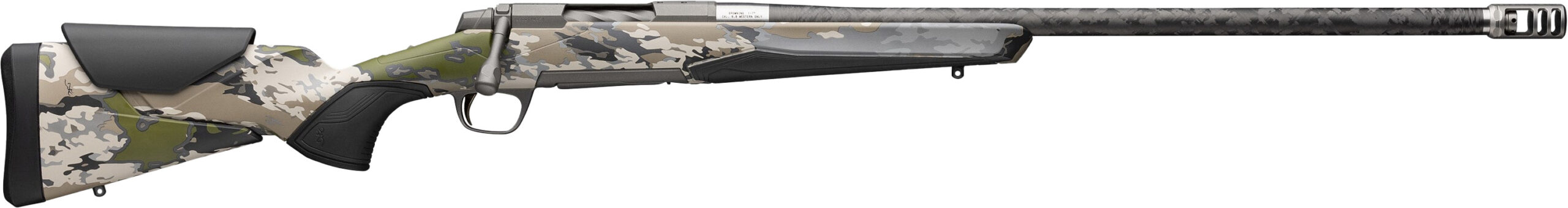Camouflaged rifle with sleek design and features.