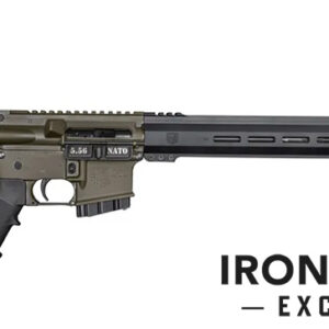 Olive green rifle with accessories and branding