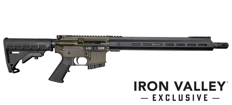 Olive green rifle with accessories and branding