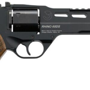 Black revolver with wooden grip and rail system.