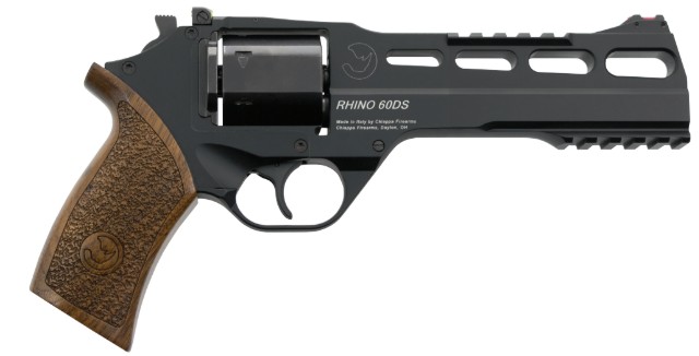 Black revolver with wooden grip and rail system.