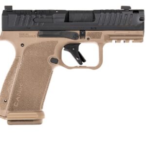 Tan and black semi-automatic handgun on white background.