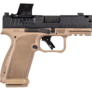 Tan semi-automatic pistol with optical sight
