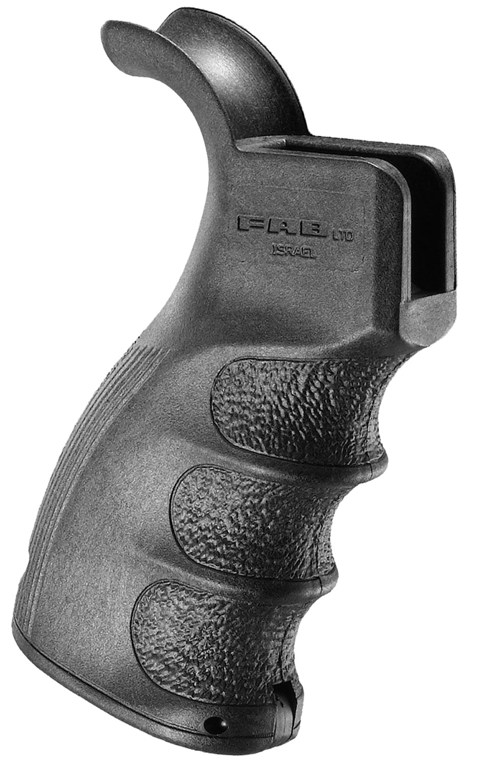 Black ergonomic rifle grip with textured surface.