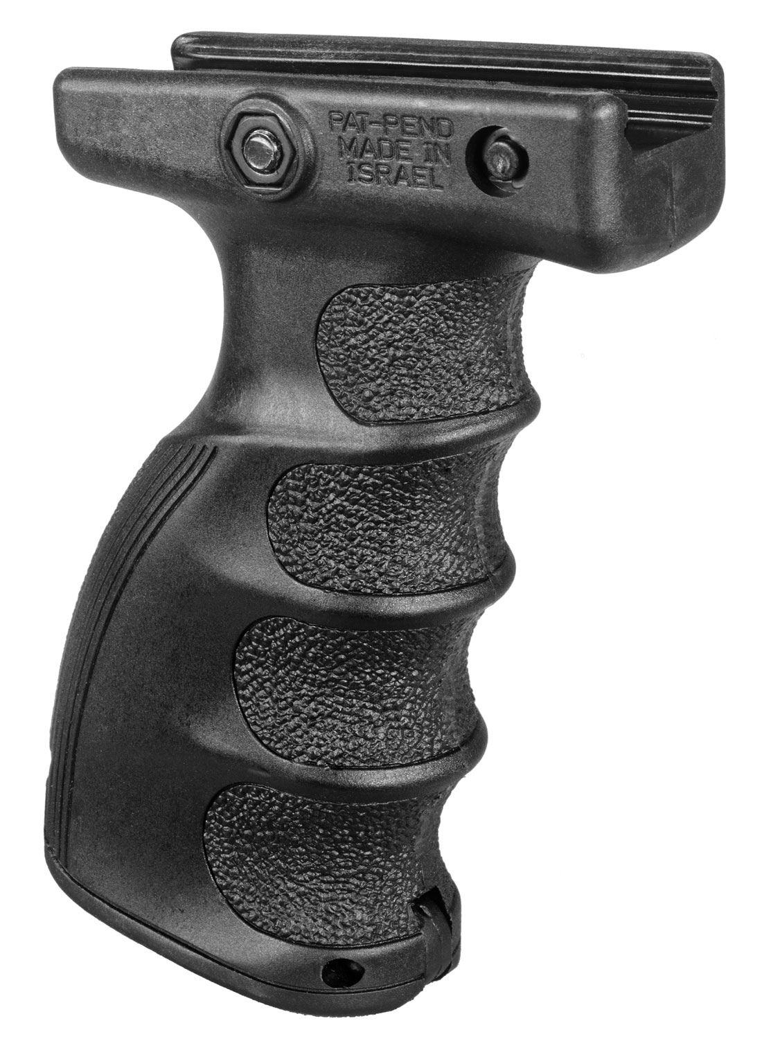 Black ergonomic grip for firearm accessories.