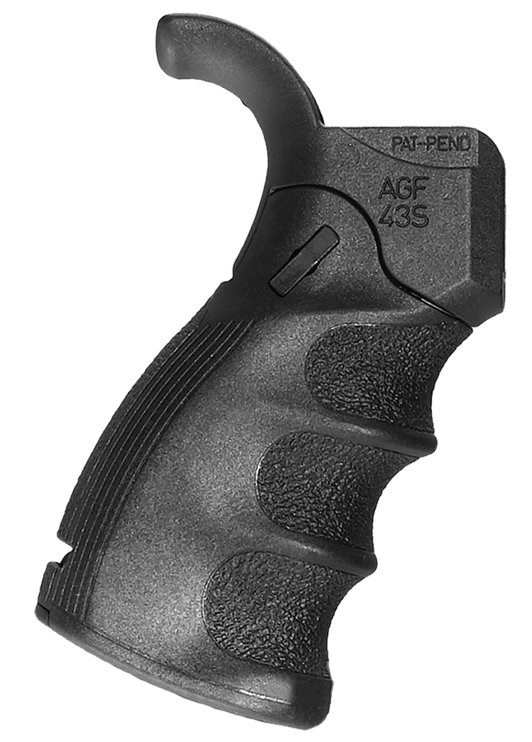 Black firearm grip with textured handle.
