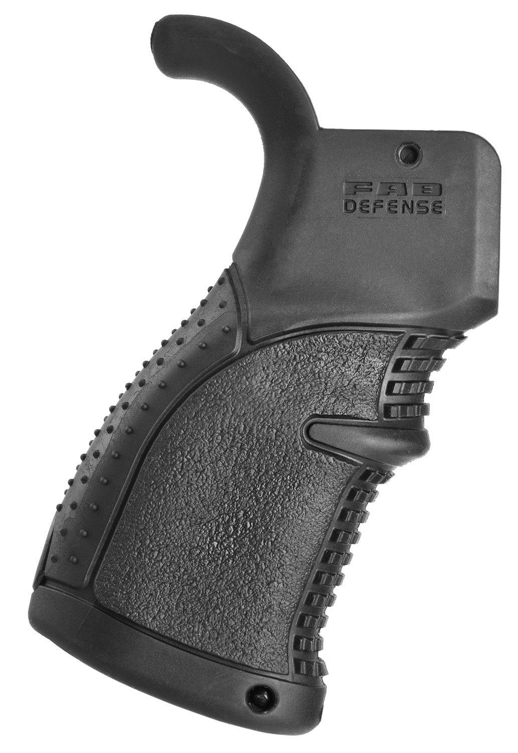 Close-up of a textured black gun grip.