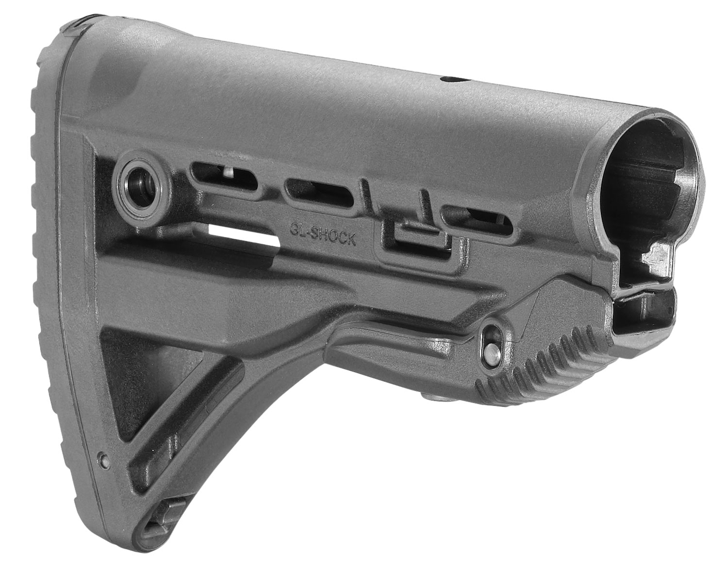 Gray rifle stock with ergonomic design features