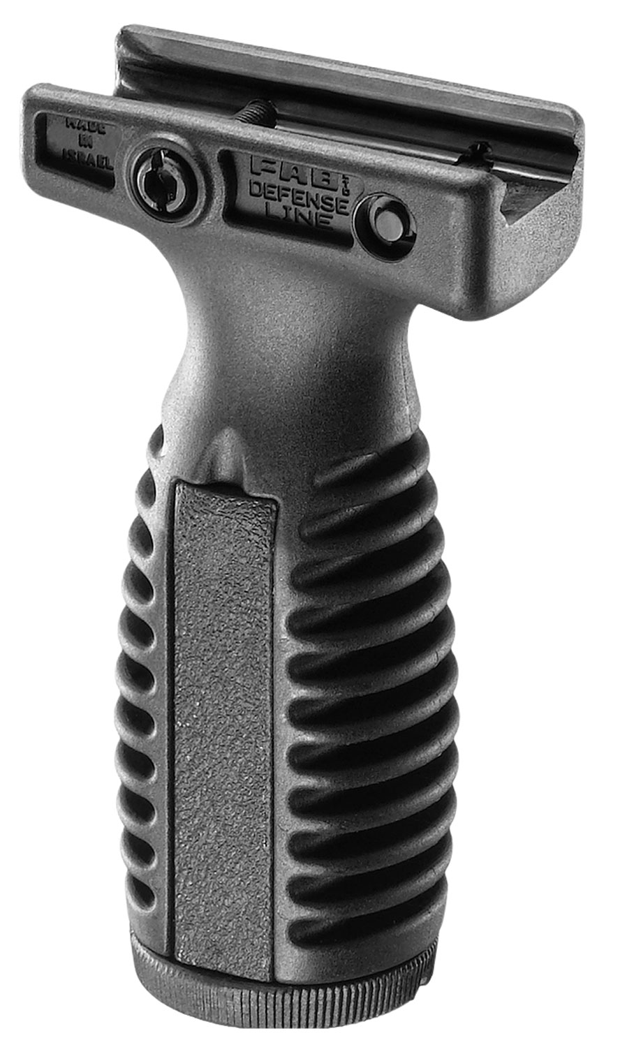 Black ergonomic vertical grip for firearms.