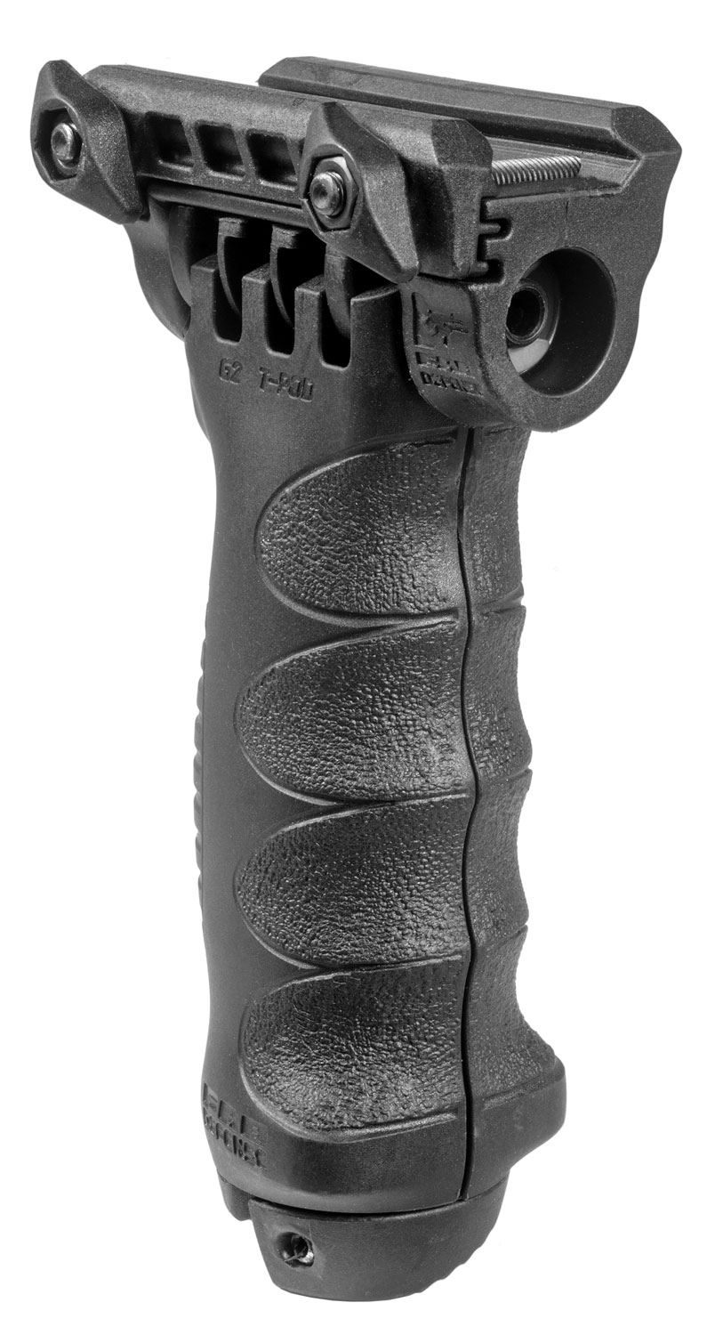 Black ergonomic vertical grip for firearms.