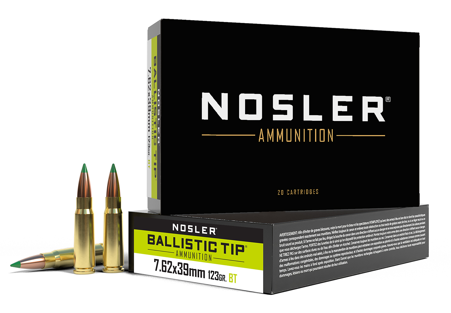 Nosler 7.62x39mm Ballistic Tip ammunition box.