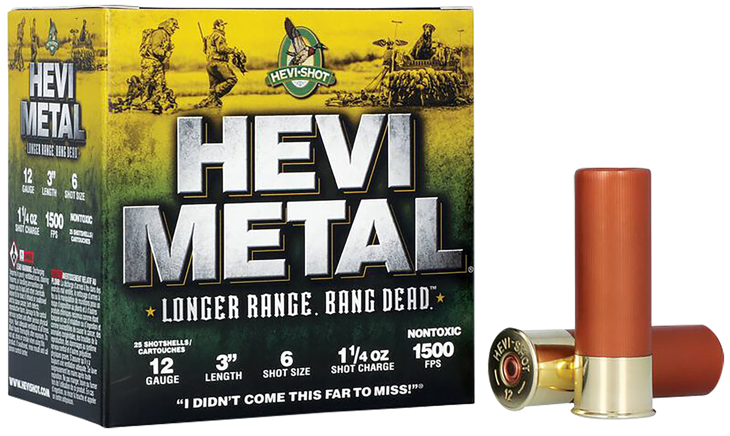Box of Hevi Metal shotgun shells with specifications.