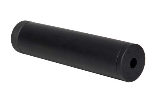 Black cylindrical suppressor for firearms.