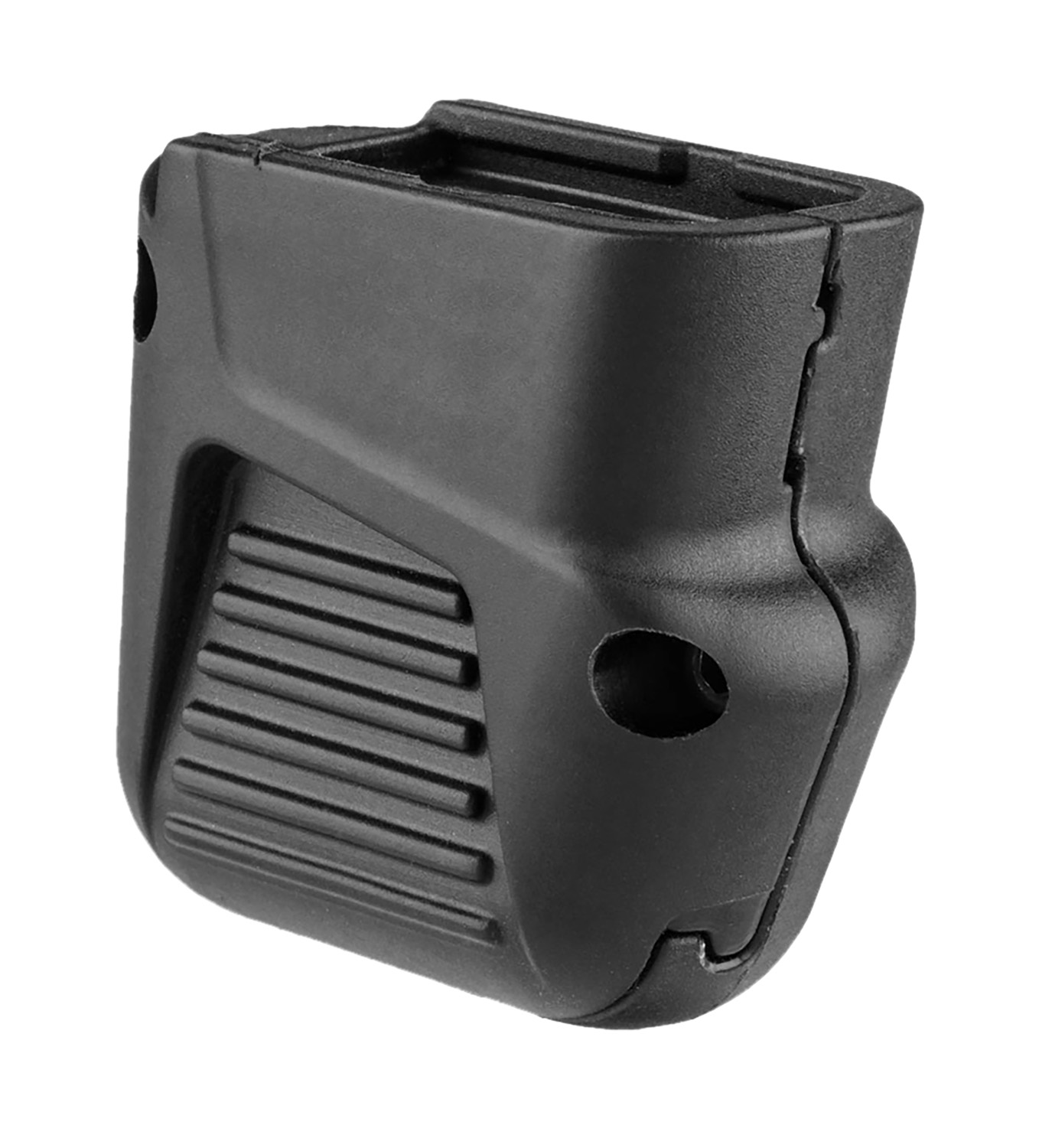 Black polymer magazine holder for firearms.