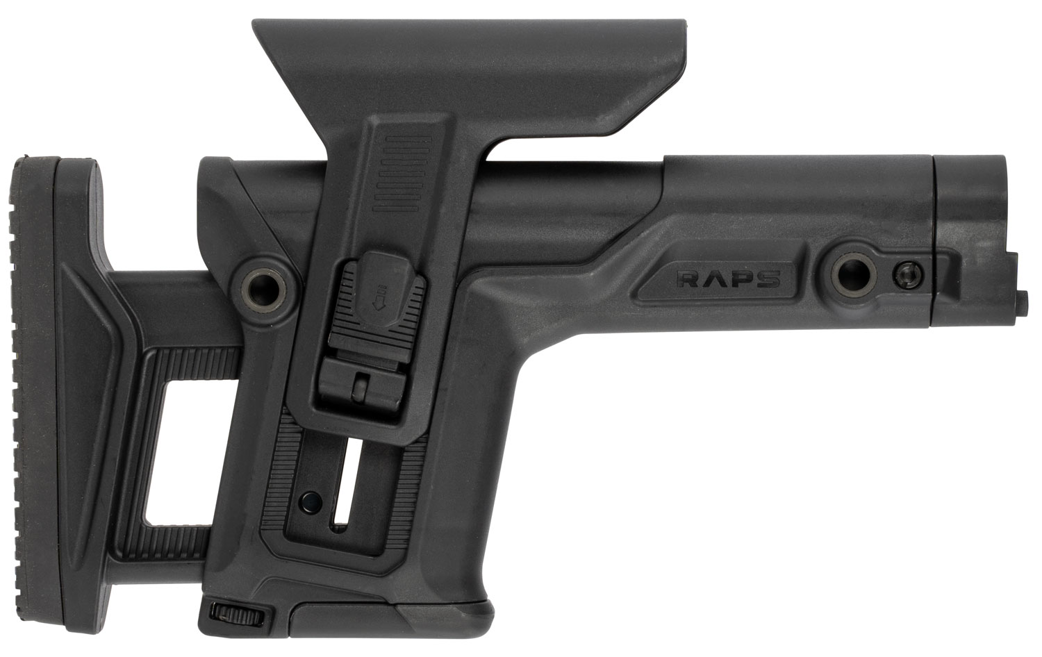 Adjustable tactical rifle stock in black color.