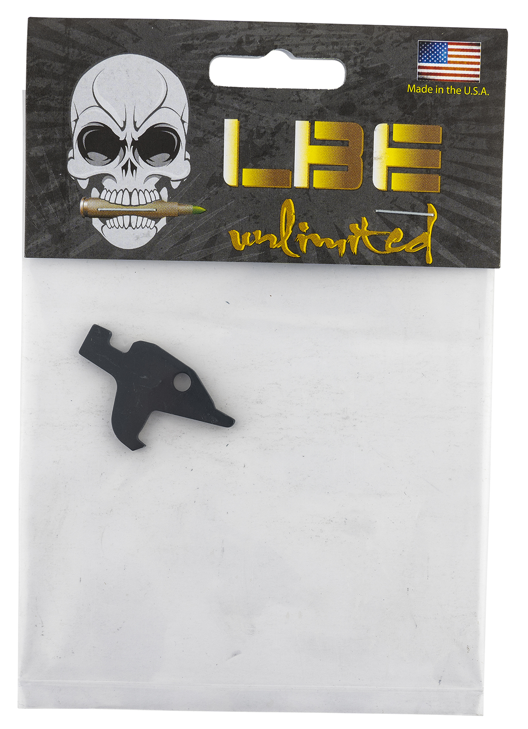 Black firearm part in packaging with logo