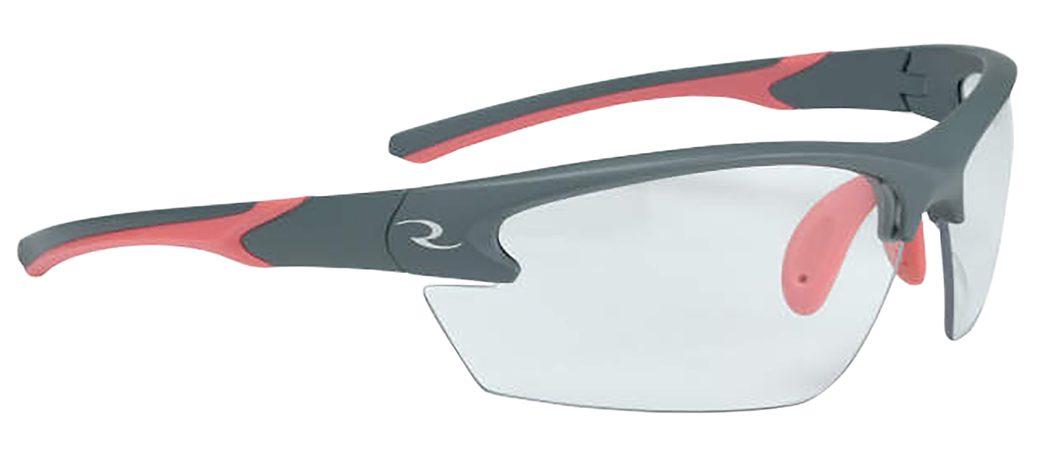 Sporty gray and pink eyewear with clear lenses.