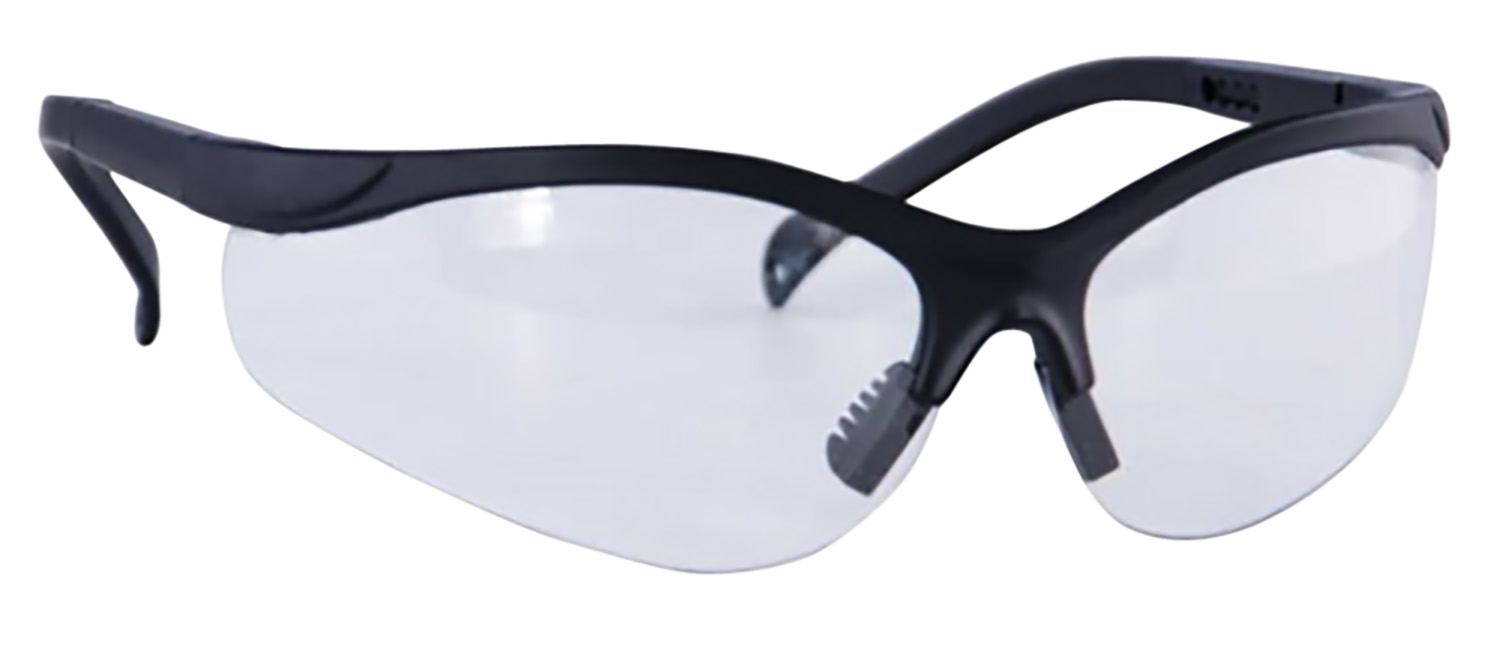 Protective eyewear with a black frame.