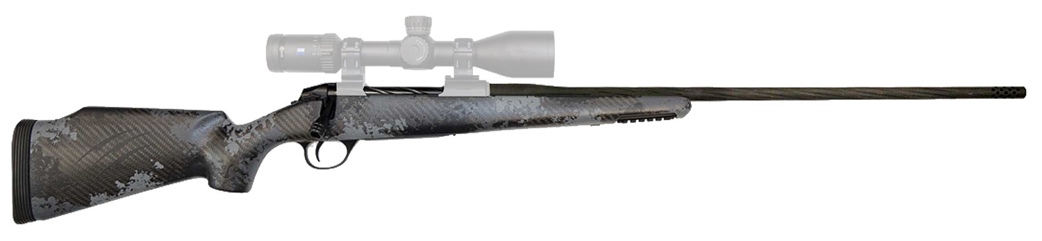 Camo rifle with scope in profile view.