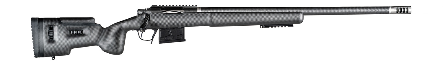 Side view of a tactical rifle with precision design.