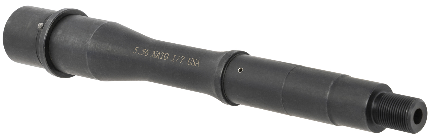 Black firearm barrel with engraved specifications.