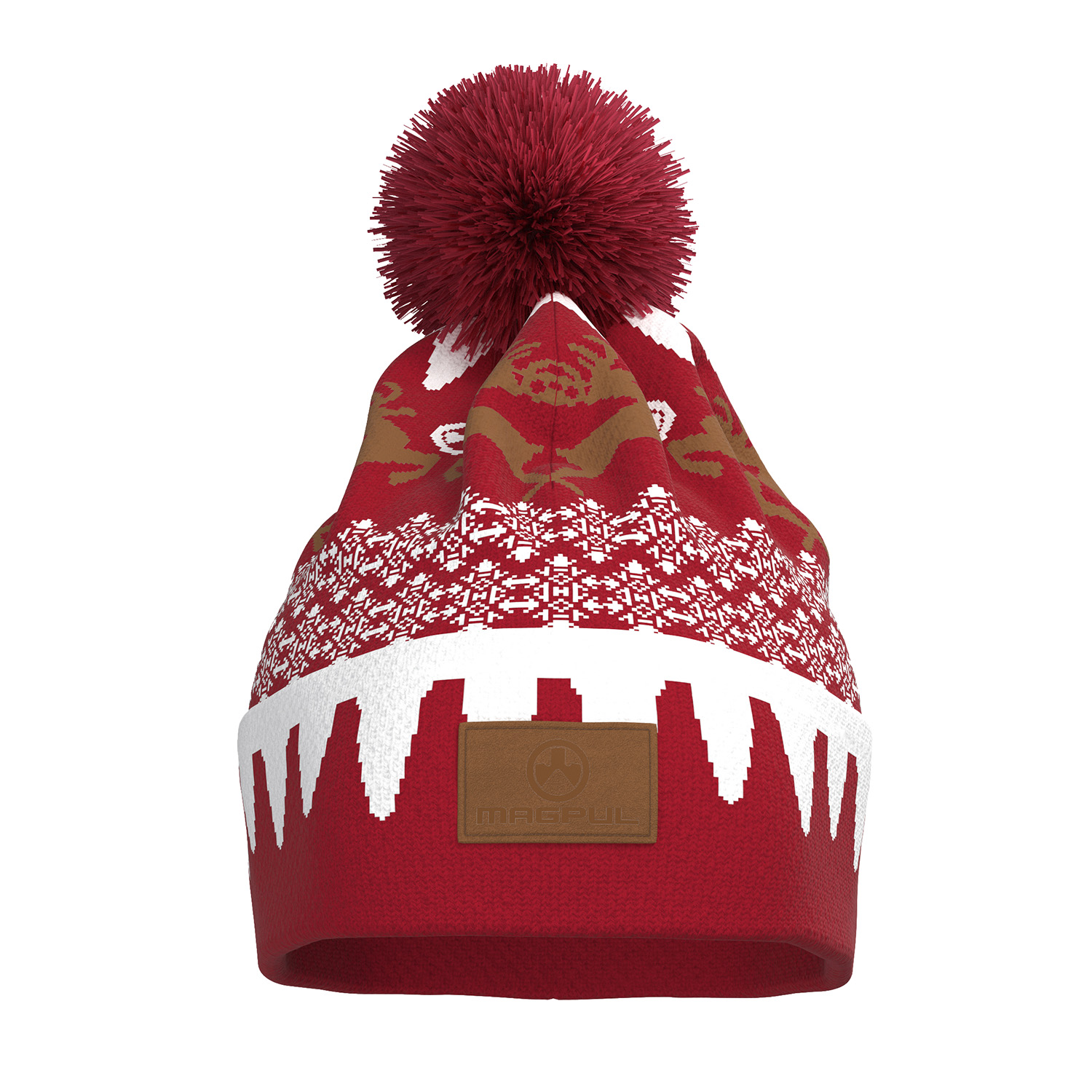Red knitted hat with pom-pom and festive design