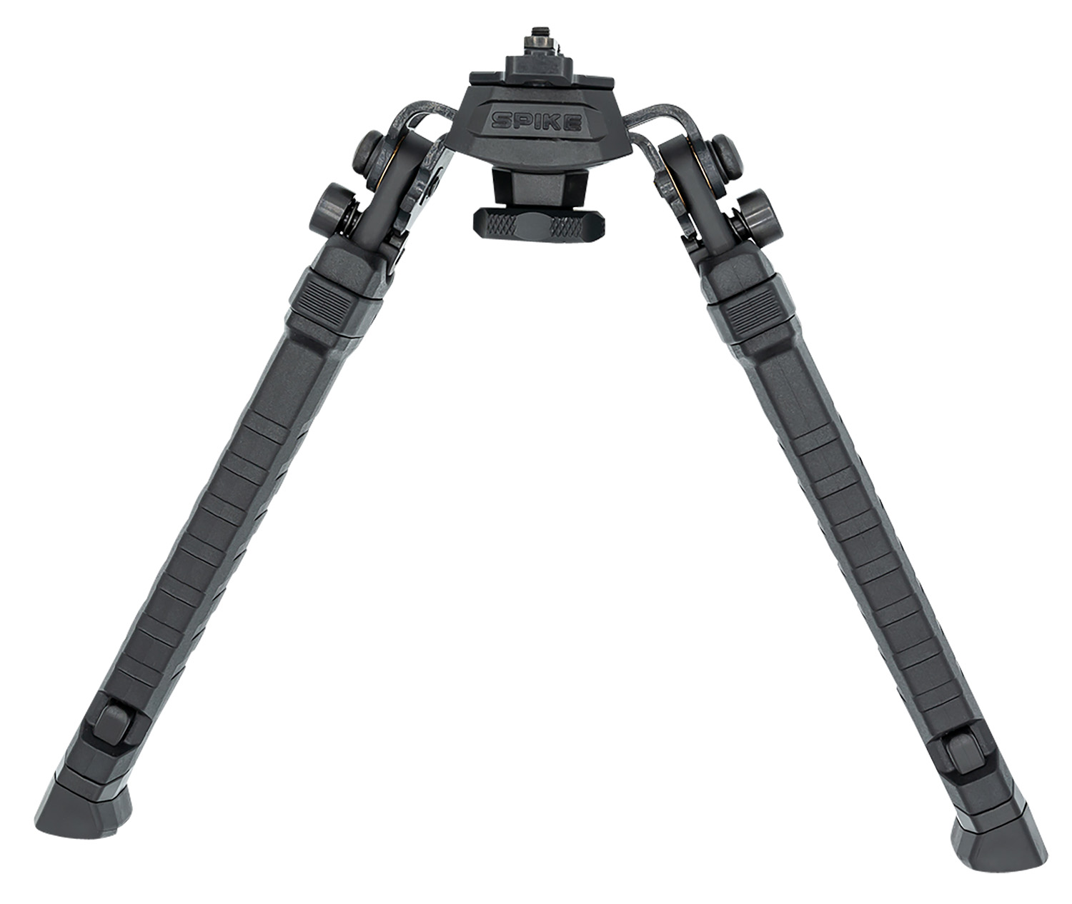 Black adjustable tactical tripod for stability.