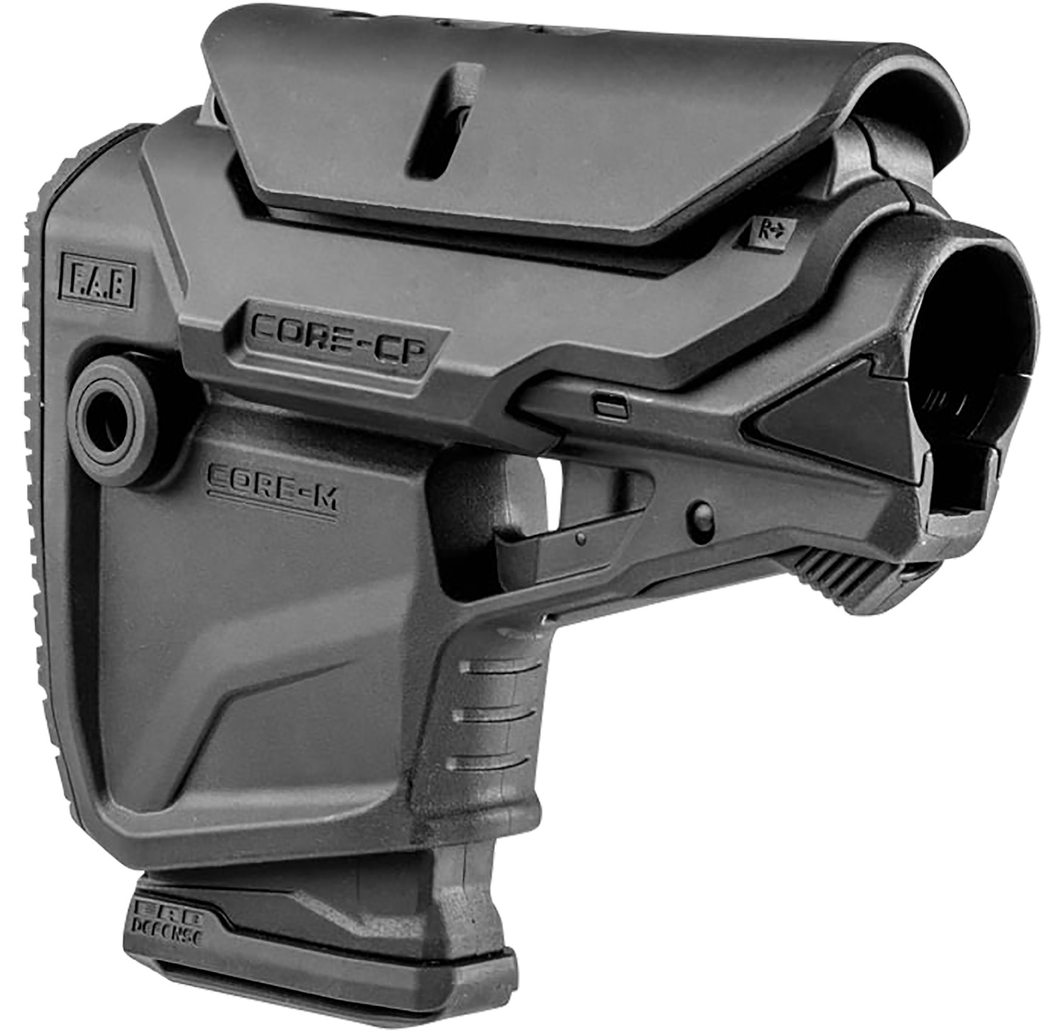 Black firearm accessory with ergonomic design.