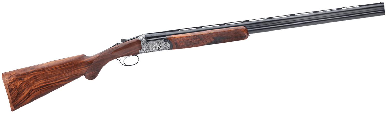 Side-by-side shotgun with ornate wooden stock.