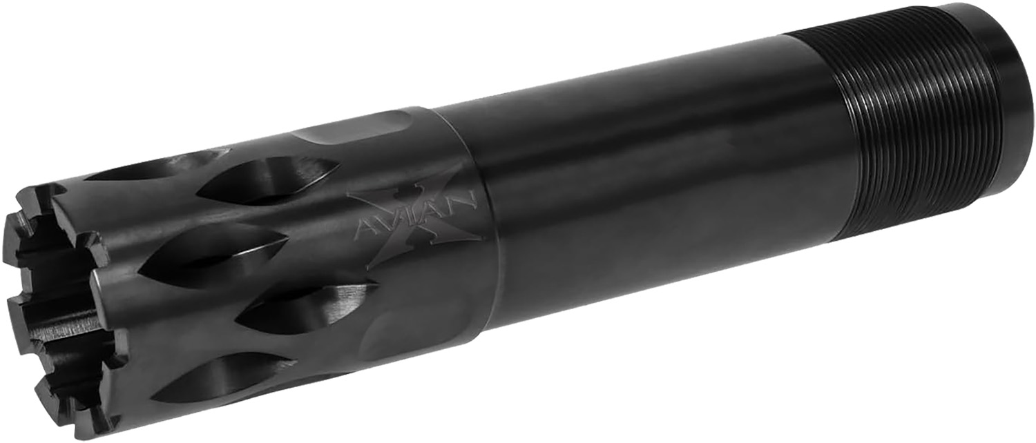 A black firearm muzzle device with intricate design.