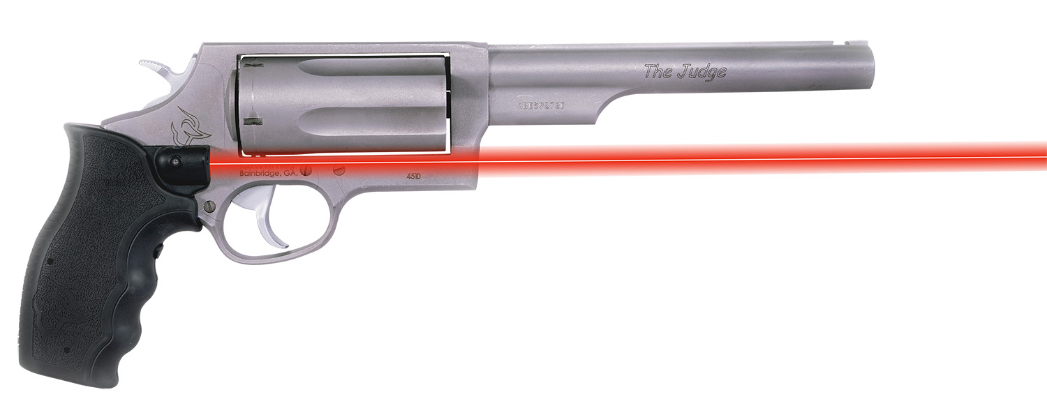 Silver revolver with laser sight, labeled 'The Judge'.