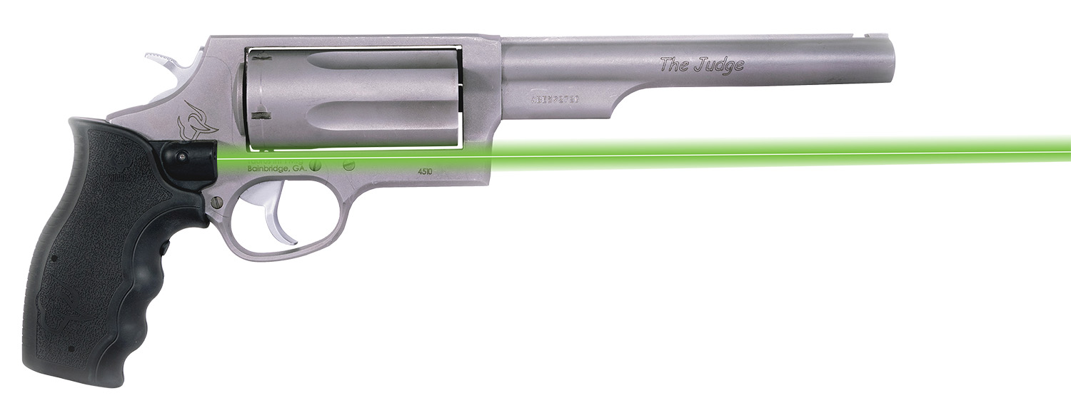 Silver revolver with green laser sight.