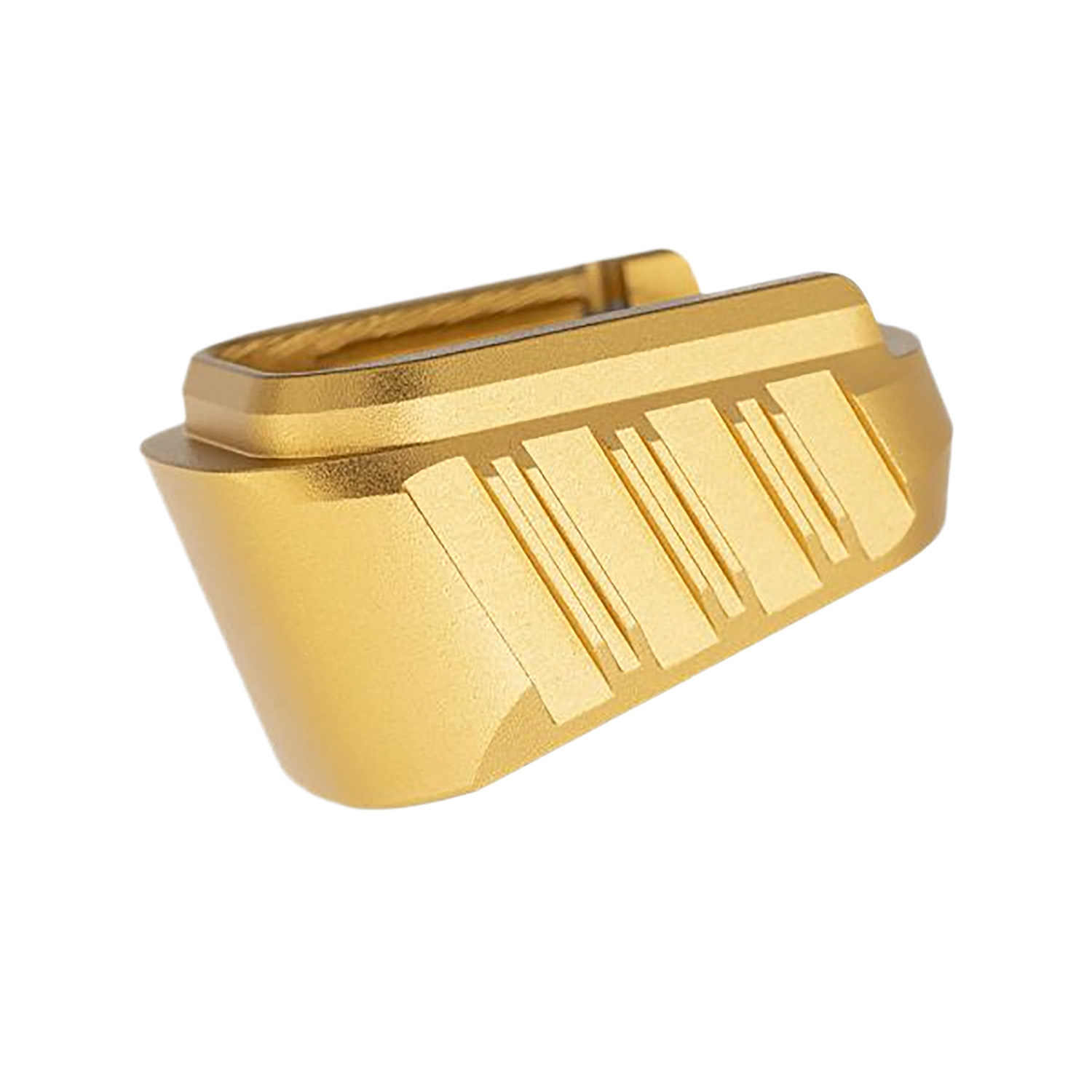 Golden metallic accessory with textured surface.