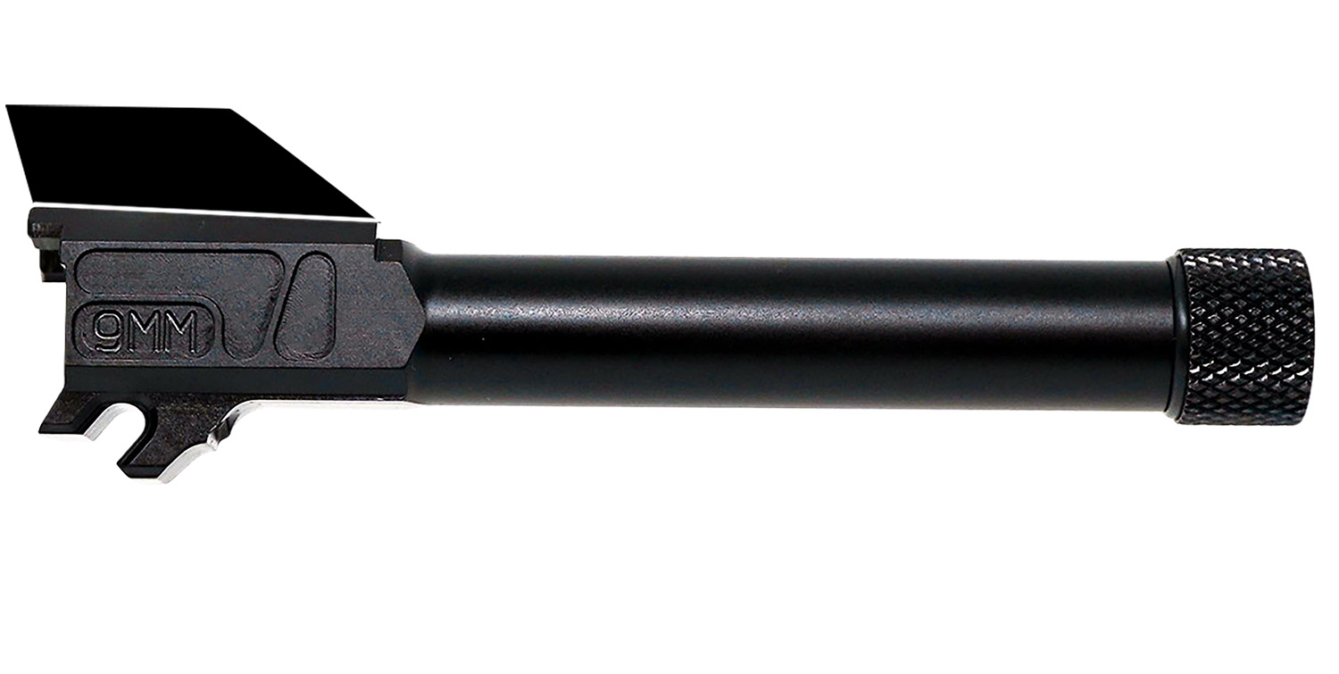 Black 9mm firearm barrel with knurled end.