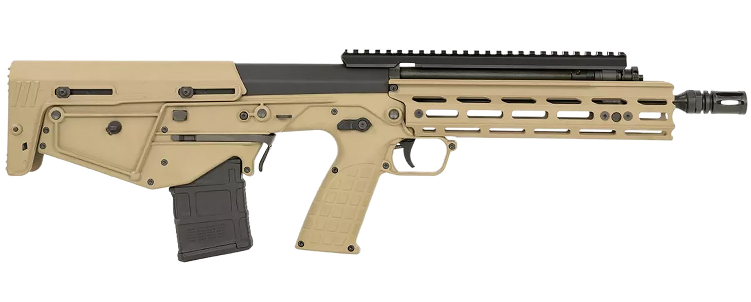 Side view of a tan tactical rifle.