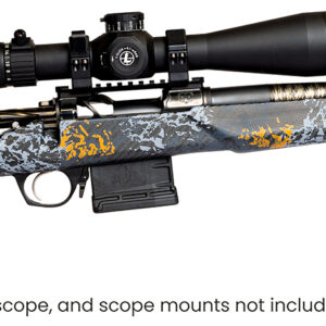 Hunting rifle with camouflage design and scope.