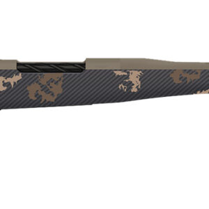 Side view of a camouflaged hunting rifle.
