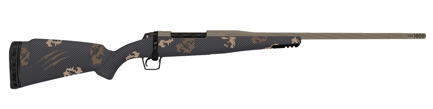 Side view of a camouflaged hunting rifle.